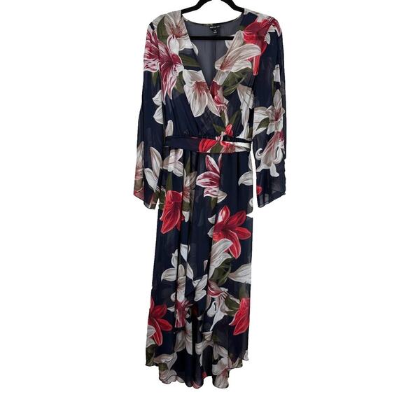 Kate & Lily Maxi Dress Faux Wrap Romantic Sheer Dark Floral Size 8 Summer Peasan - Picture 1 of 11
